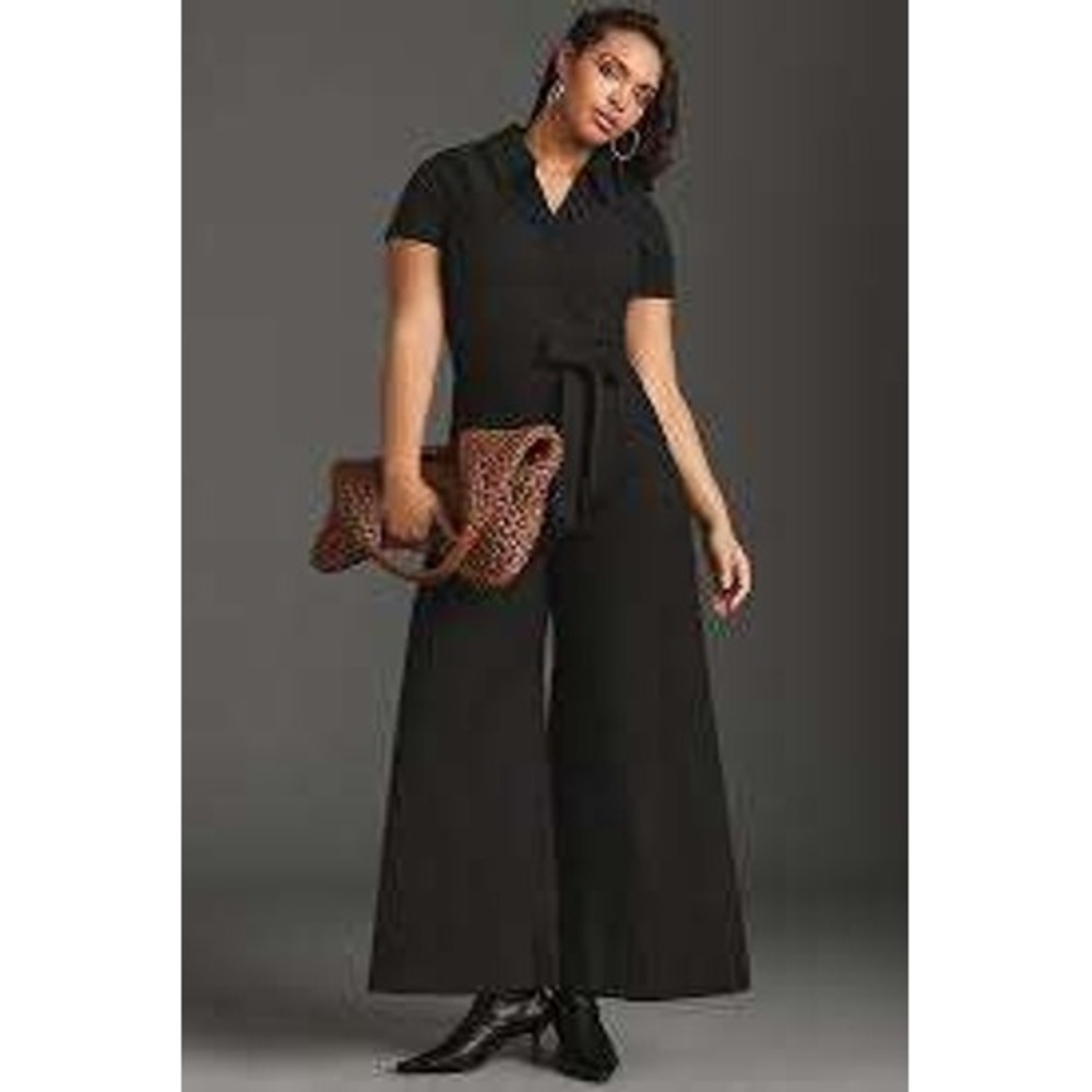 Maeve Anthropologie COLETTE Black Wide Leg Jumpsuit Short Sleeve Size 0